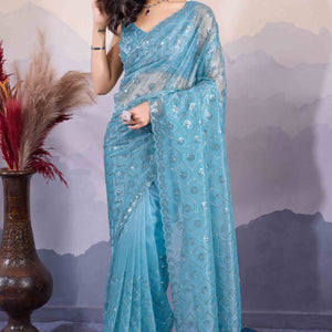 Blue Sequins Embroidered Twill Net Saree