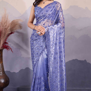 Light Slate Blue Sequins Embroidered Twill Net Saree