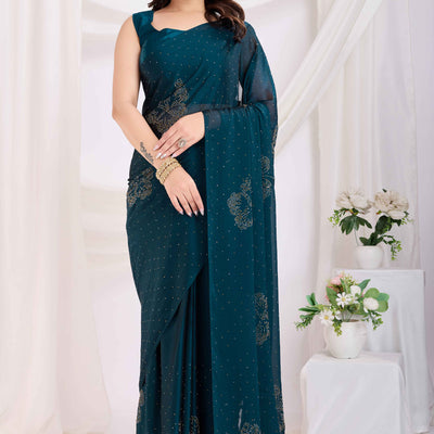 Morpich Blue Floral Swarovski Work Rangoli Art Silk Ready To Wear Saree