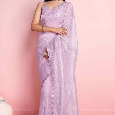 Lavender Sequins Embroidered Silver Twill Net Saree