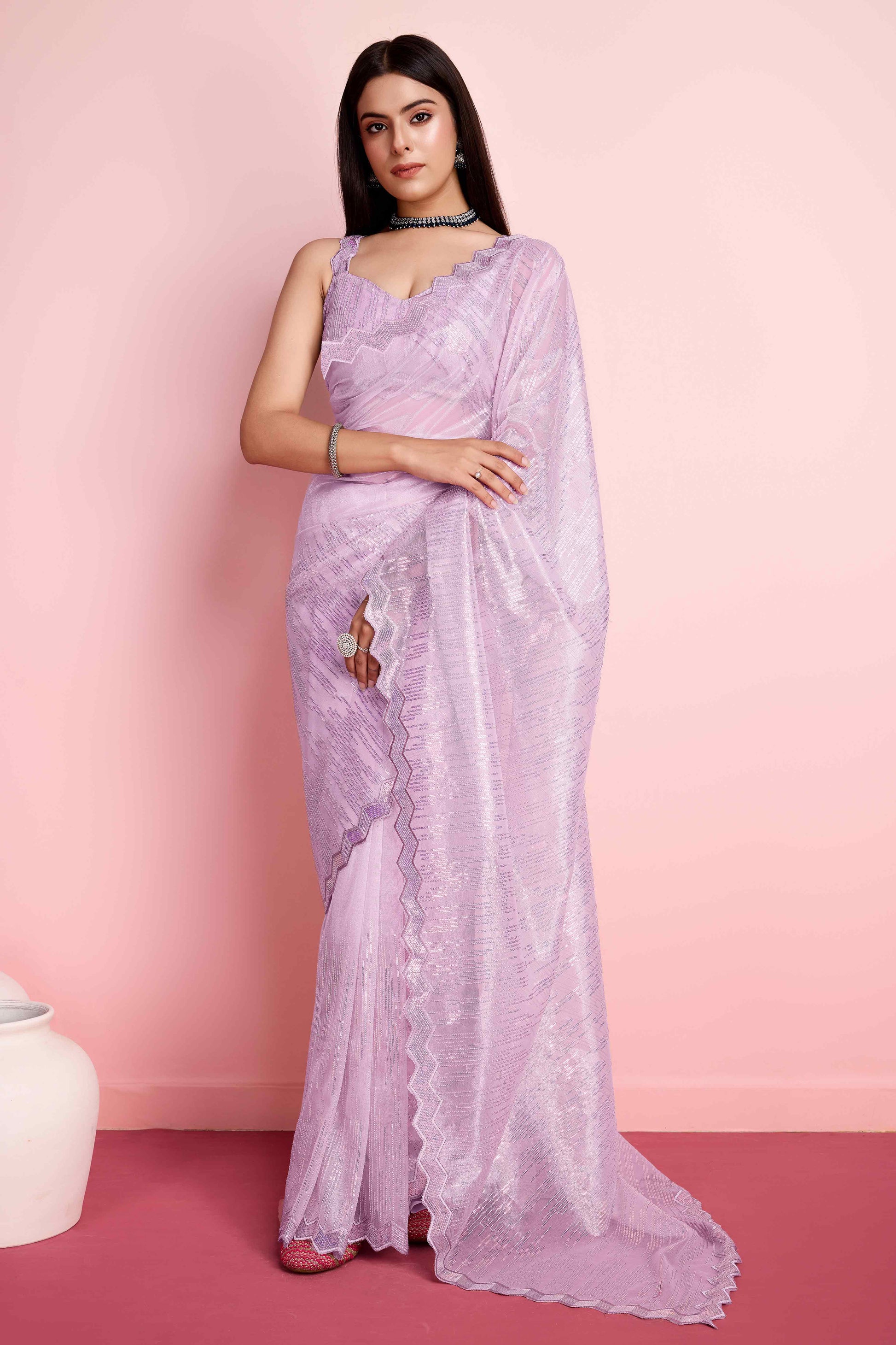 Lavender Sequins Embroidered Silver Twill Net Saree