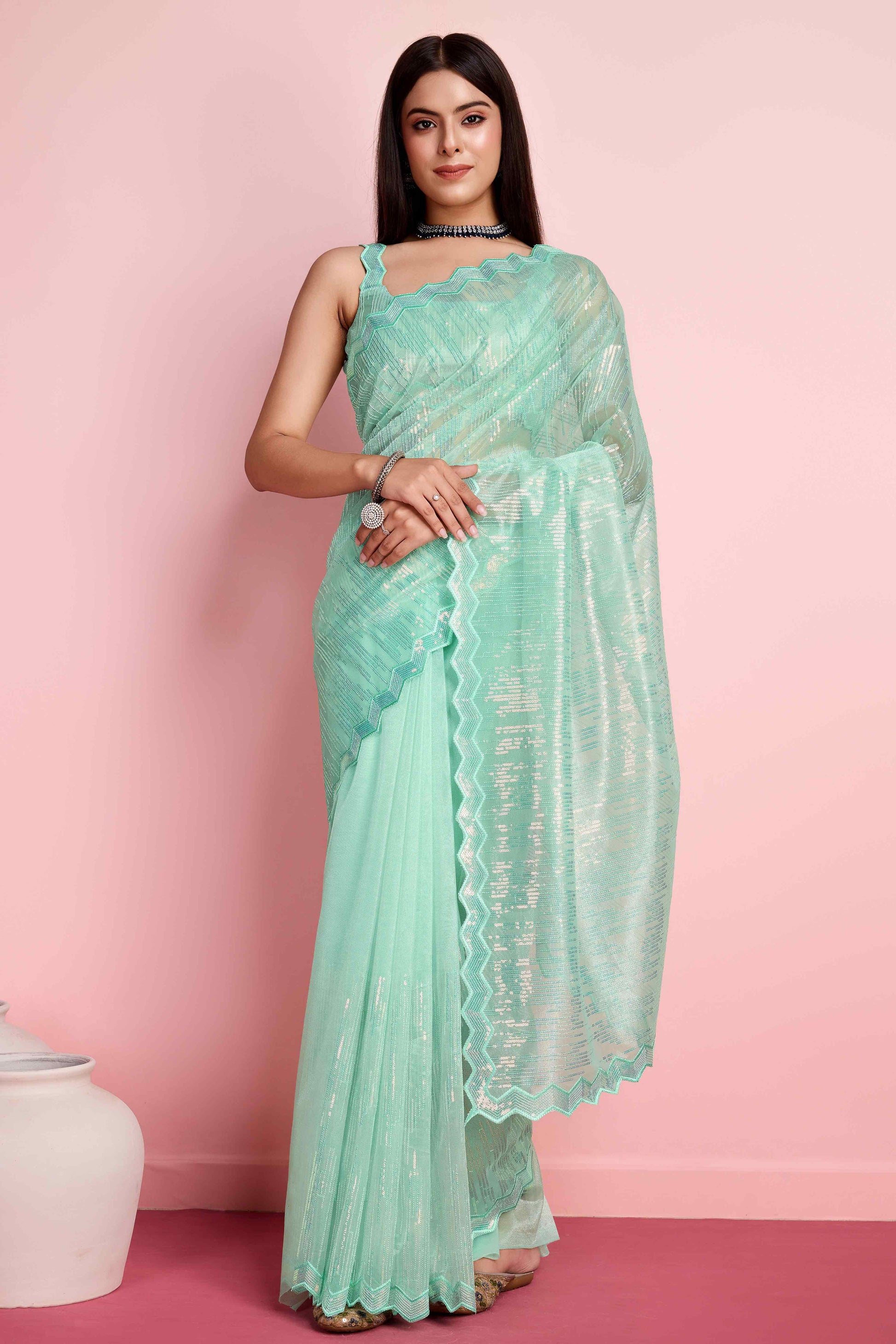 Foam Sea Green Sequins Embroidered Silver Twill Net Saree
