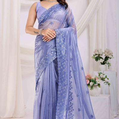 Lavender Floral Sequins Embroidered Twill Net Saree
