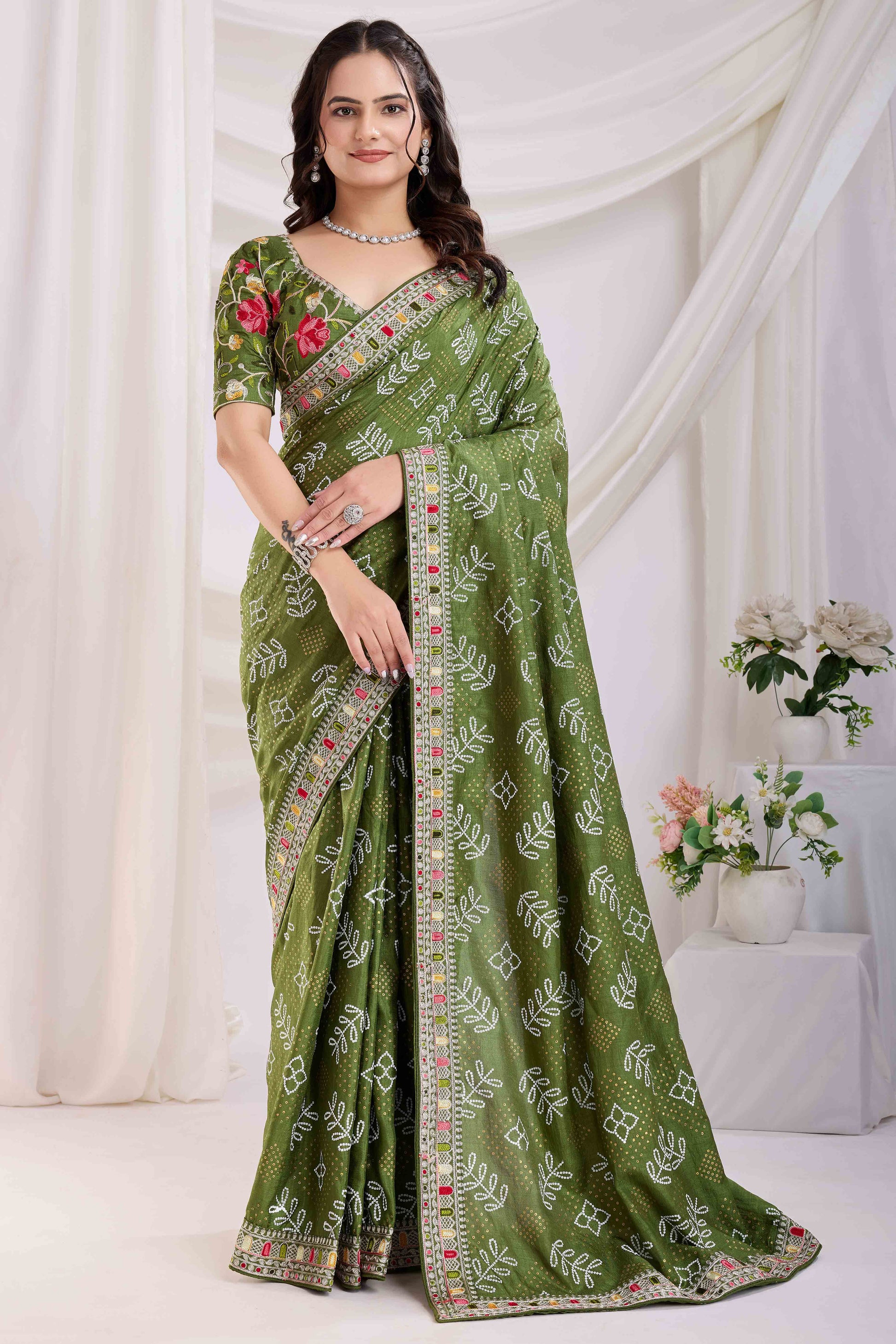 green-bandhani-printed-with-embroidered-border-vichitra-silk-saree