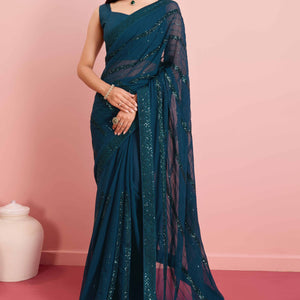 Morpich Blue Sequins Embroidered Georgette Saree