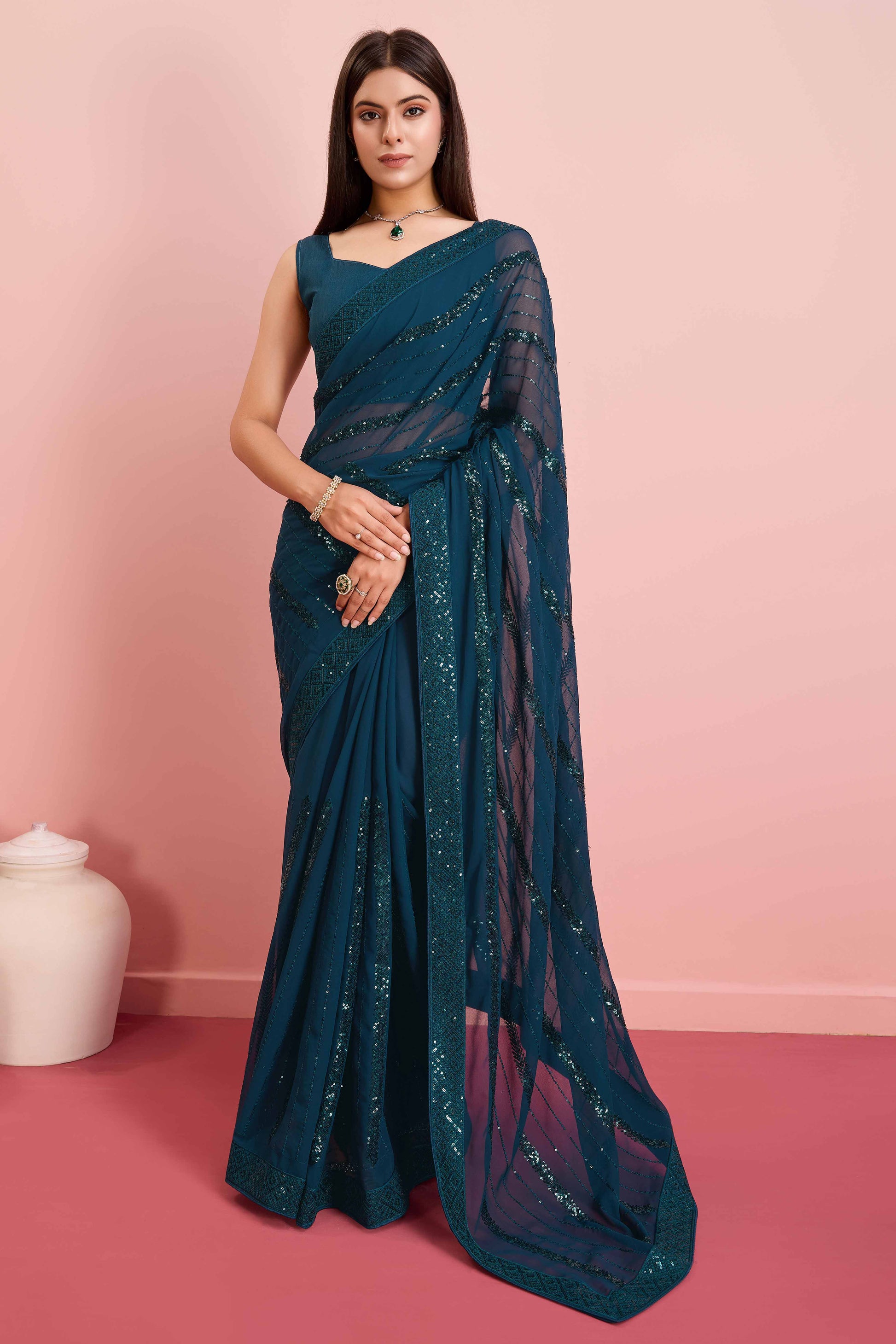 Morpich Blue Sequins Embroidered Georgette Saree