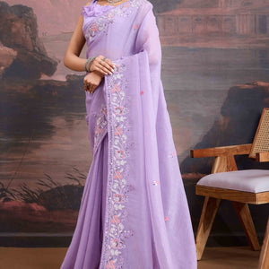 Lavender Floral Sequins Embroidered Organza Saree