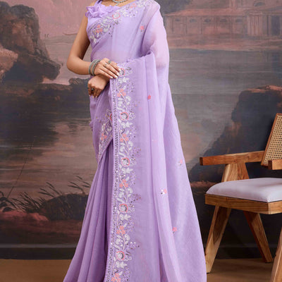 Lavender Floral Sequins Embroidered Organza Saree