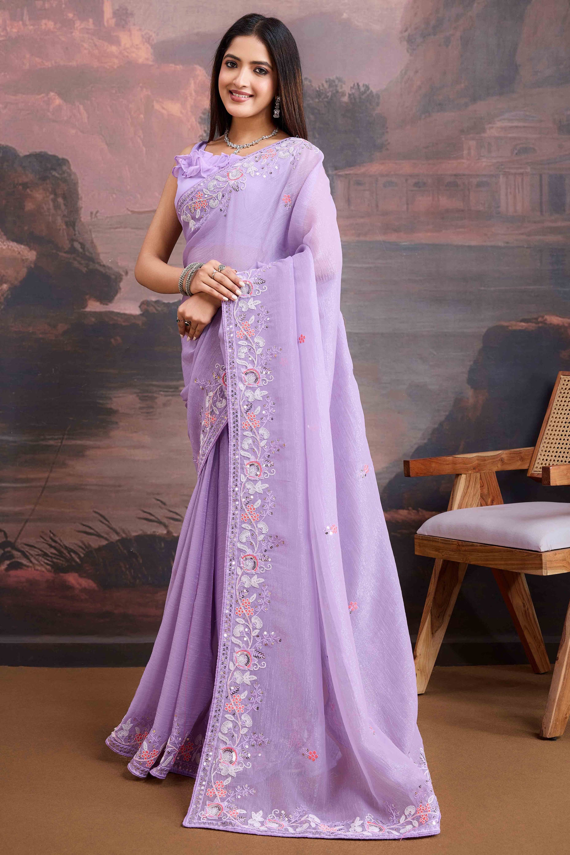 Lavender Floral Sequins Embroidered Organza Saree