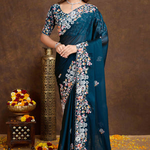 Morpich Blue Floral Sequins Embroidered Vichitra Rangoli Silk Saree