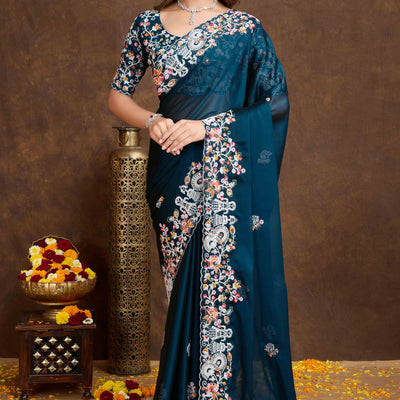 Morpich Blue Floral Sequins Embroidered Vichitra Rangoli Silk Saree