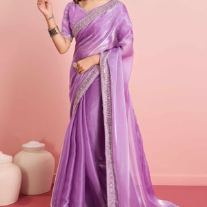 Lavender Solid With Floral Sequins Embroidered Jimmy Choo Tissue Saree