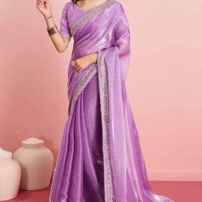 Lavender Solid With Floral Sequins Embroidered Jimmy Choo Tissue Saree