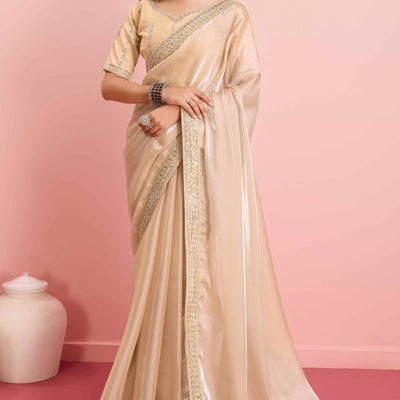 Cream Solid With Floral Sequins Embroidered Jimmy Choo Tissue Saree