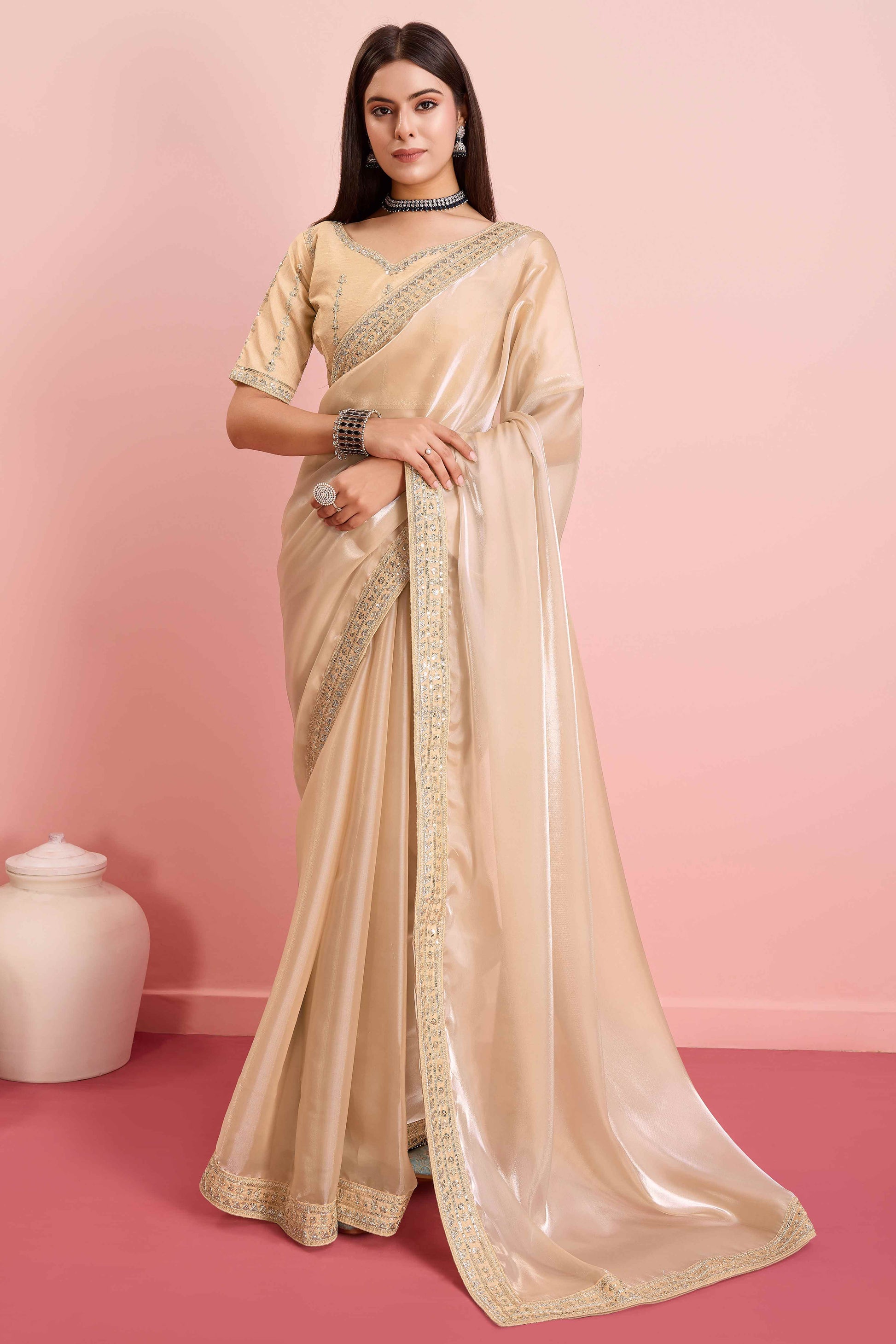 Cream Solid With Floral Sequins Embroidered Jimmy Choo Tissue Saree