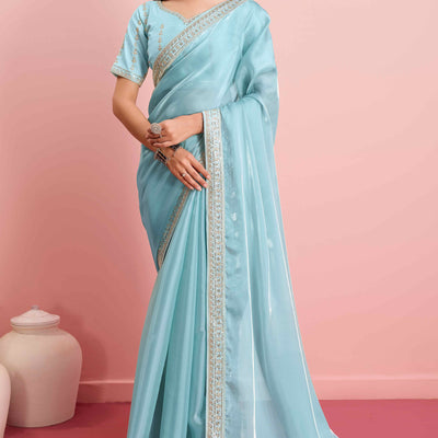 Blue Solid With Floral Sequins Embroidered Jimmy Choo Tissue Saree