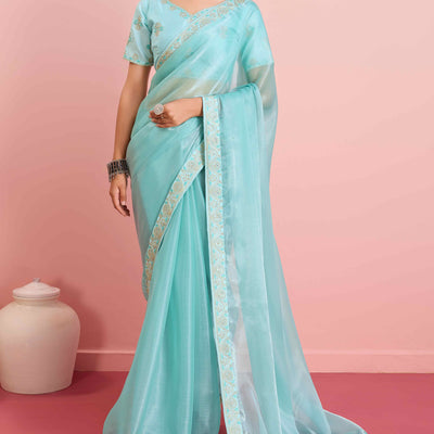 Blue Solid With Sequins Embroidery Border Mulberry Silk Saree