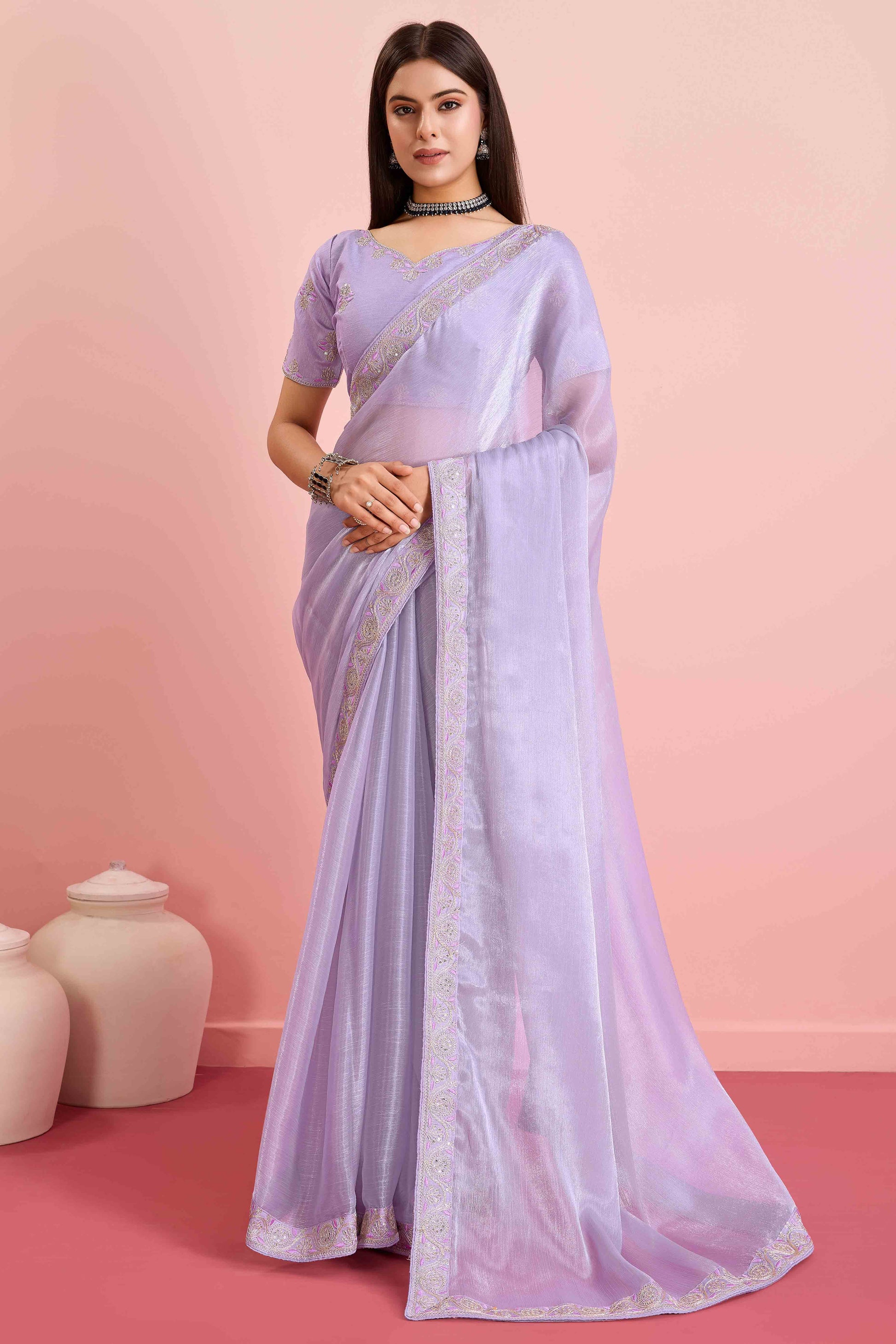 Lavender Solid With Sequins Embroidery Border Mulberry Silk Saree