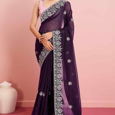 Dark Purple Floral Sequins Embroidered Georgette Saree