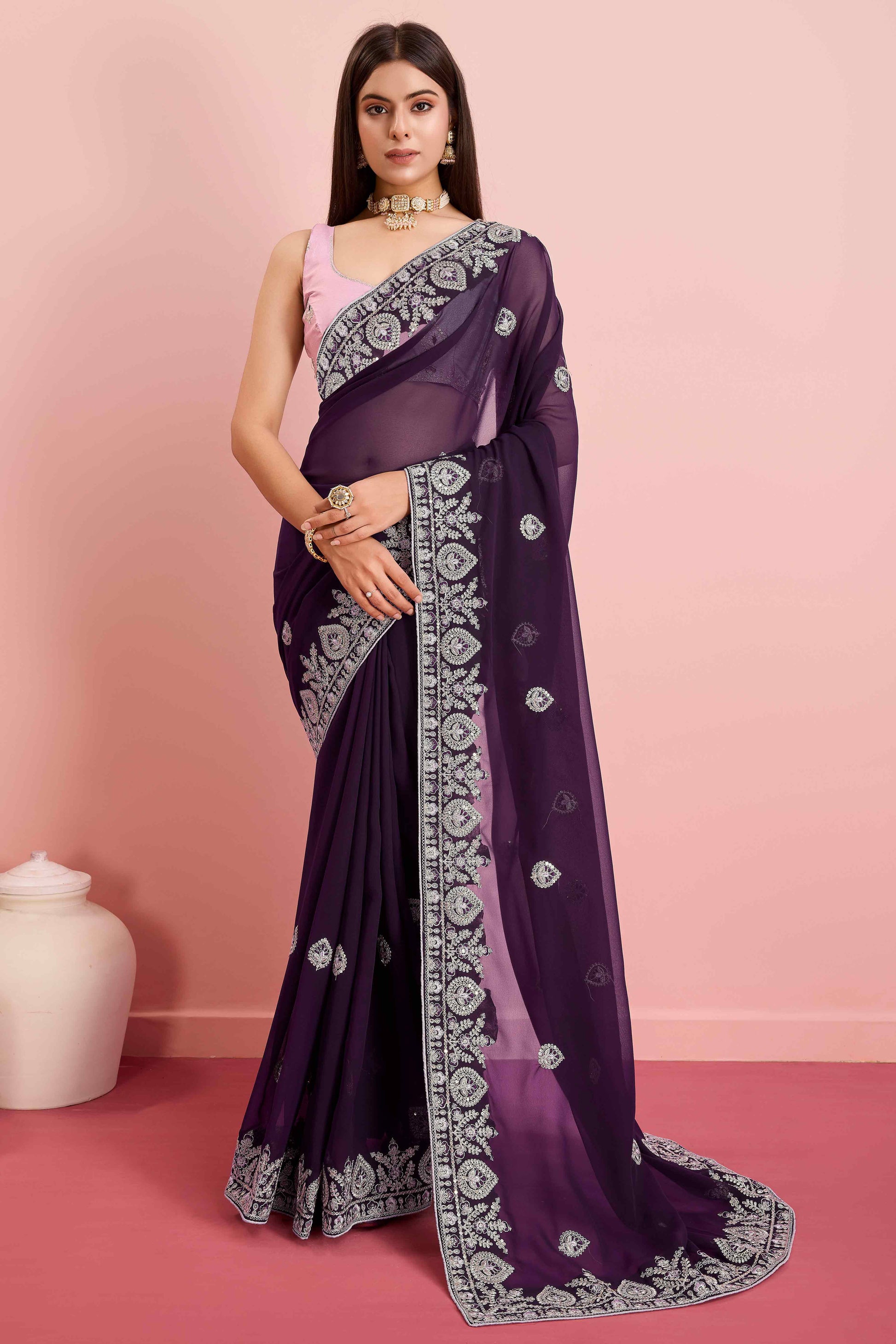 Dark Purple Floral Sequins Embroidered Georgette Saree