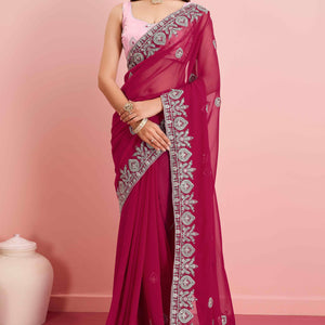 Dark Magenta Floral Sequins Embroidered Georgette Saree