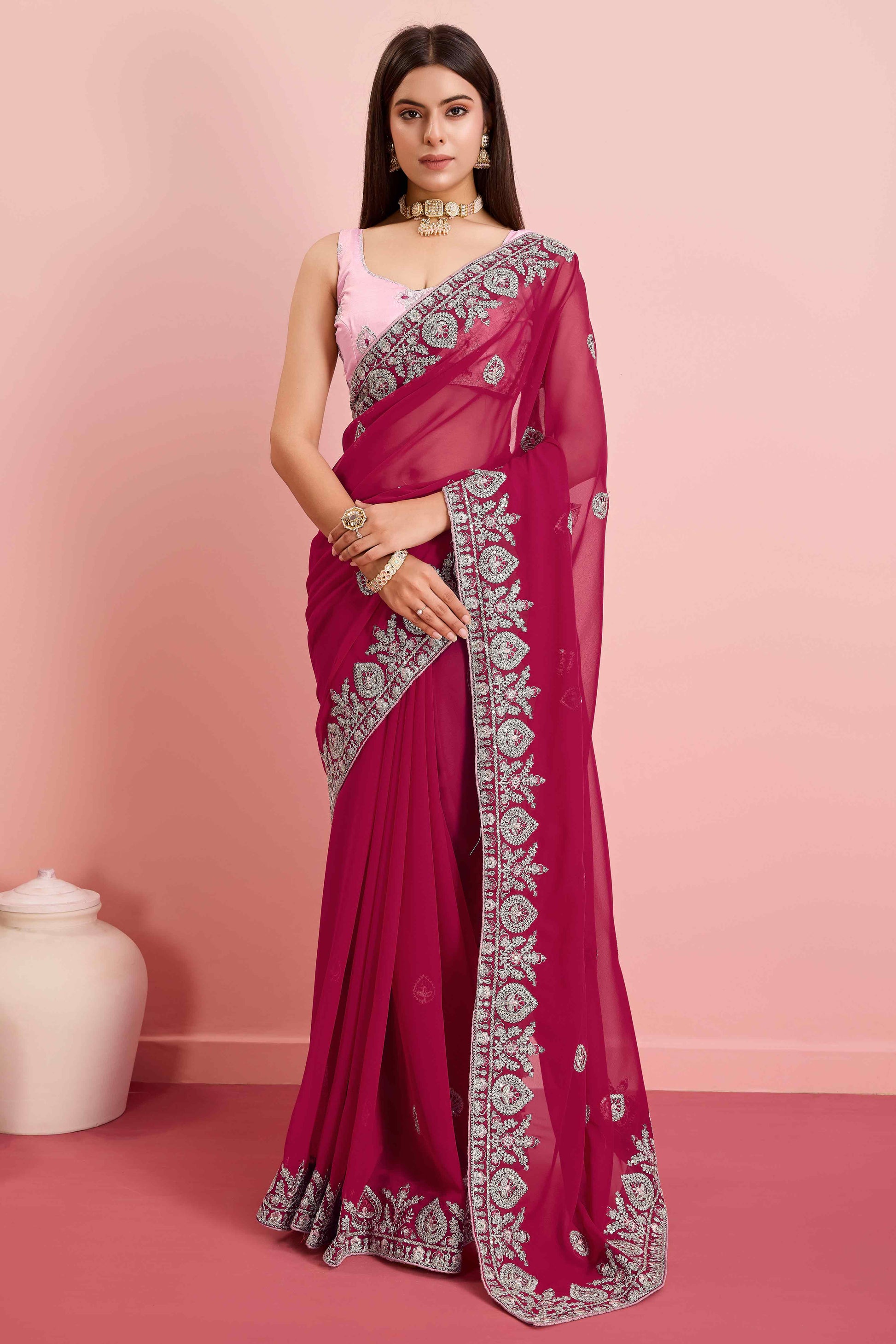 Dark Magenta Floral Sequins Embroidered Georgette Saree