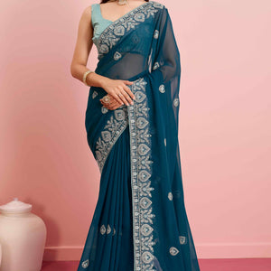 Morpich Blue Floral Sequins Embroidered Georgette Saree