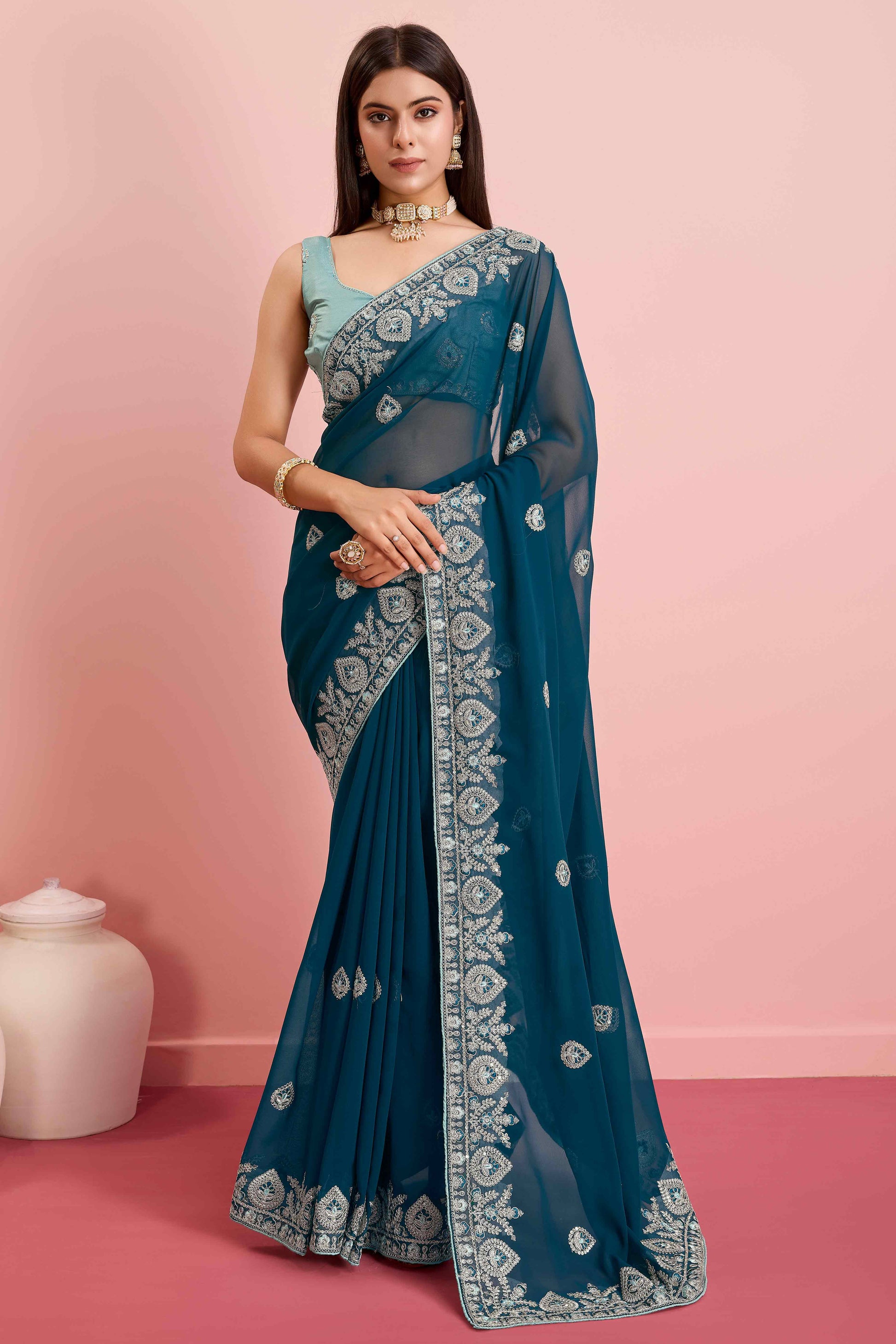 Morpich Blue Floral Sequins Embroidered Georgette Saree