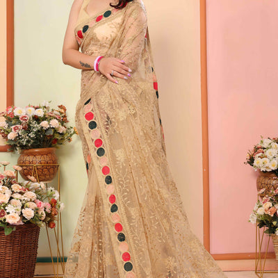 Chikoo Floral Embroidered Net Saree