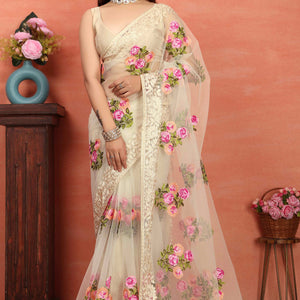 Cream Floral Embroidered Net Saree