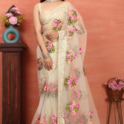 Cream Floral Embroidered Net Saree