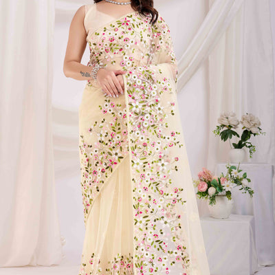 Cream Floral Embroidered Net Saree