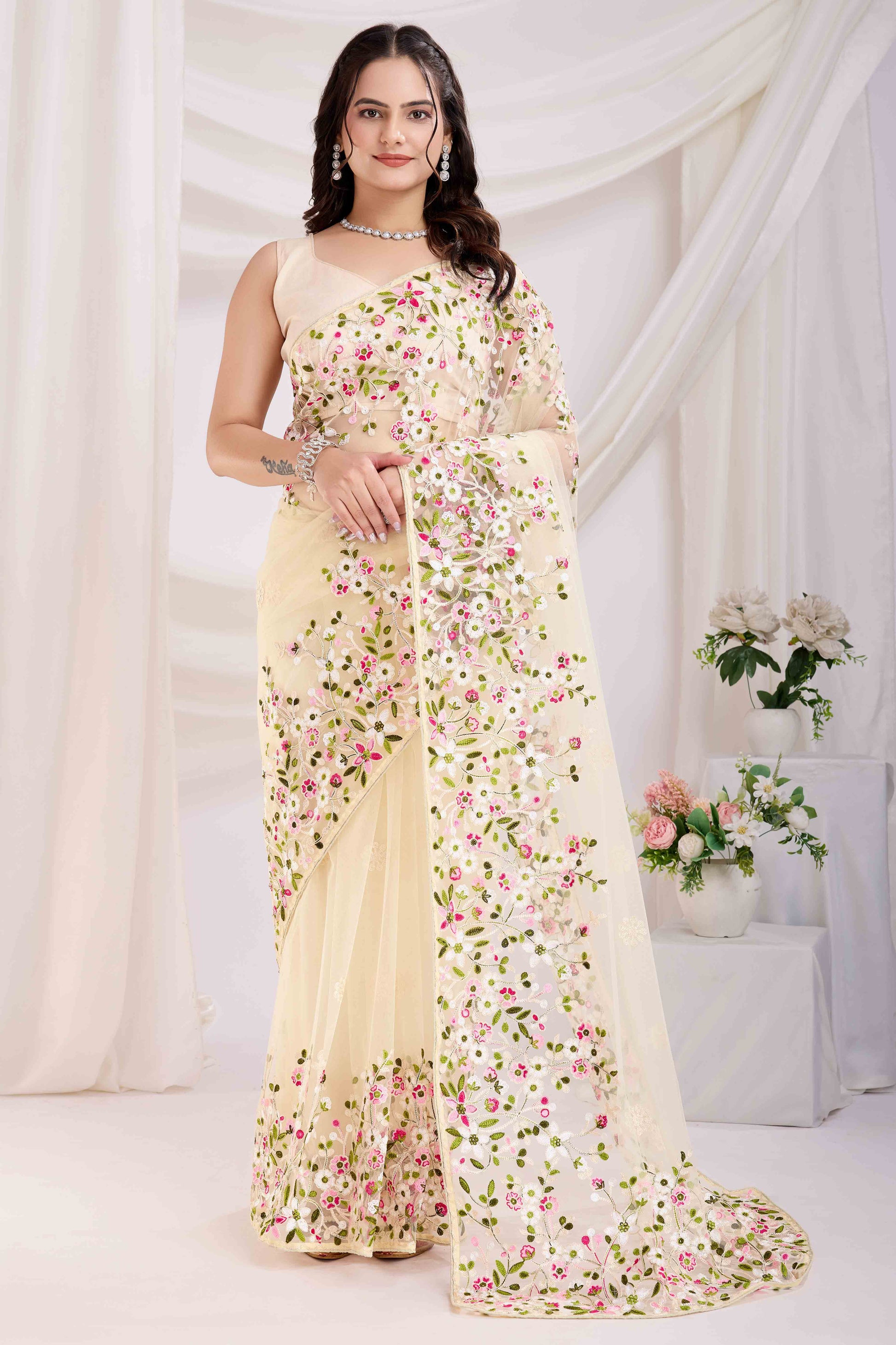 Cream Floral Embroidered Net Saree