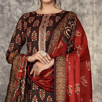 Brown Printed With Embroidered Pashmina Suit