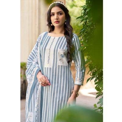 Grey Printed Pure Cotton Dress Material