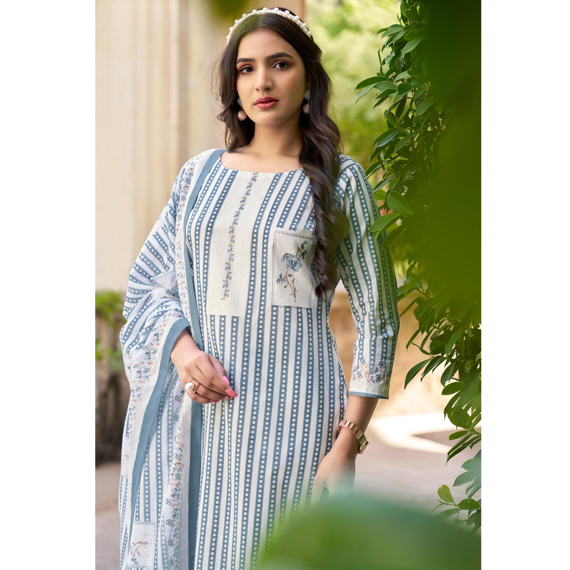 Grey Printed Pure Cotton Dress Material