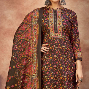 Brown Floral Printed With Swarovski Work Pashmina Suit