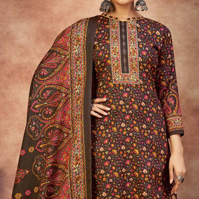 Brown Floral Printed With Swarovski Work Pashmina Suit