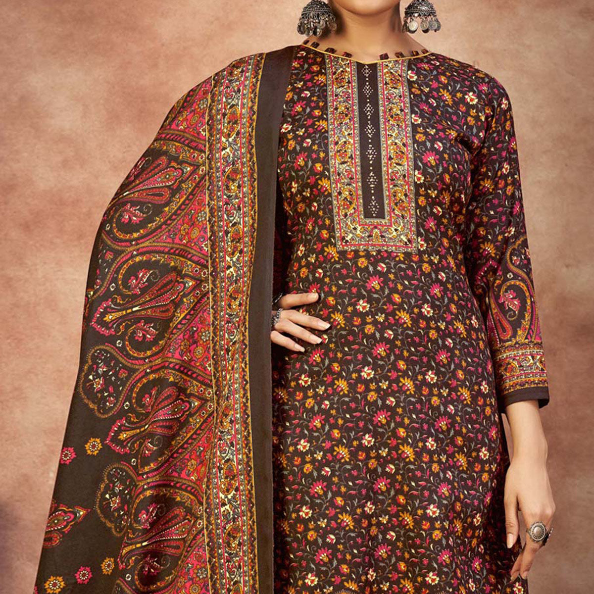 Brown Floral Printed With Swarovski Work Pashmina Suit