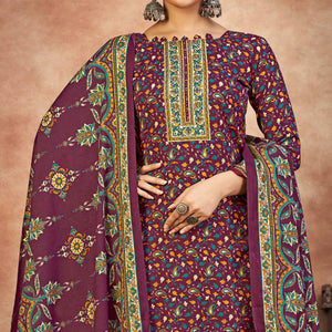 Magenta Purple Floral Printed With Swarovski Work Pashmina Suit