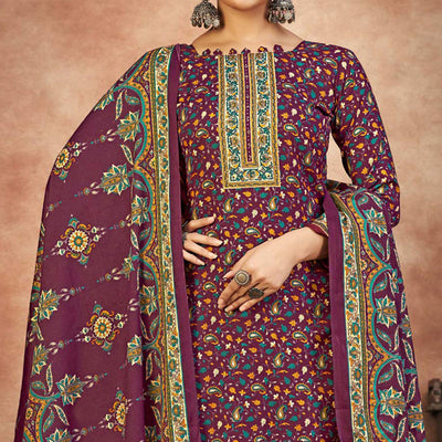 Magenta Purple Floral Printed With Swarovski Work Pashmina Suit