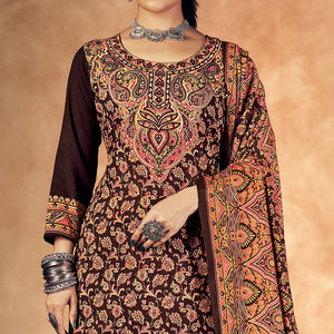 Brown Floral Printed Pashmina Woolen Suit