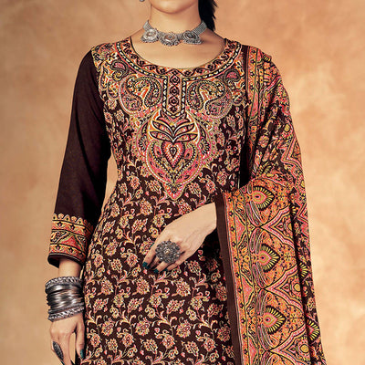 Brown Floral Printed Pashmina Woolen Suit