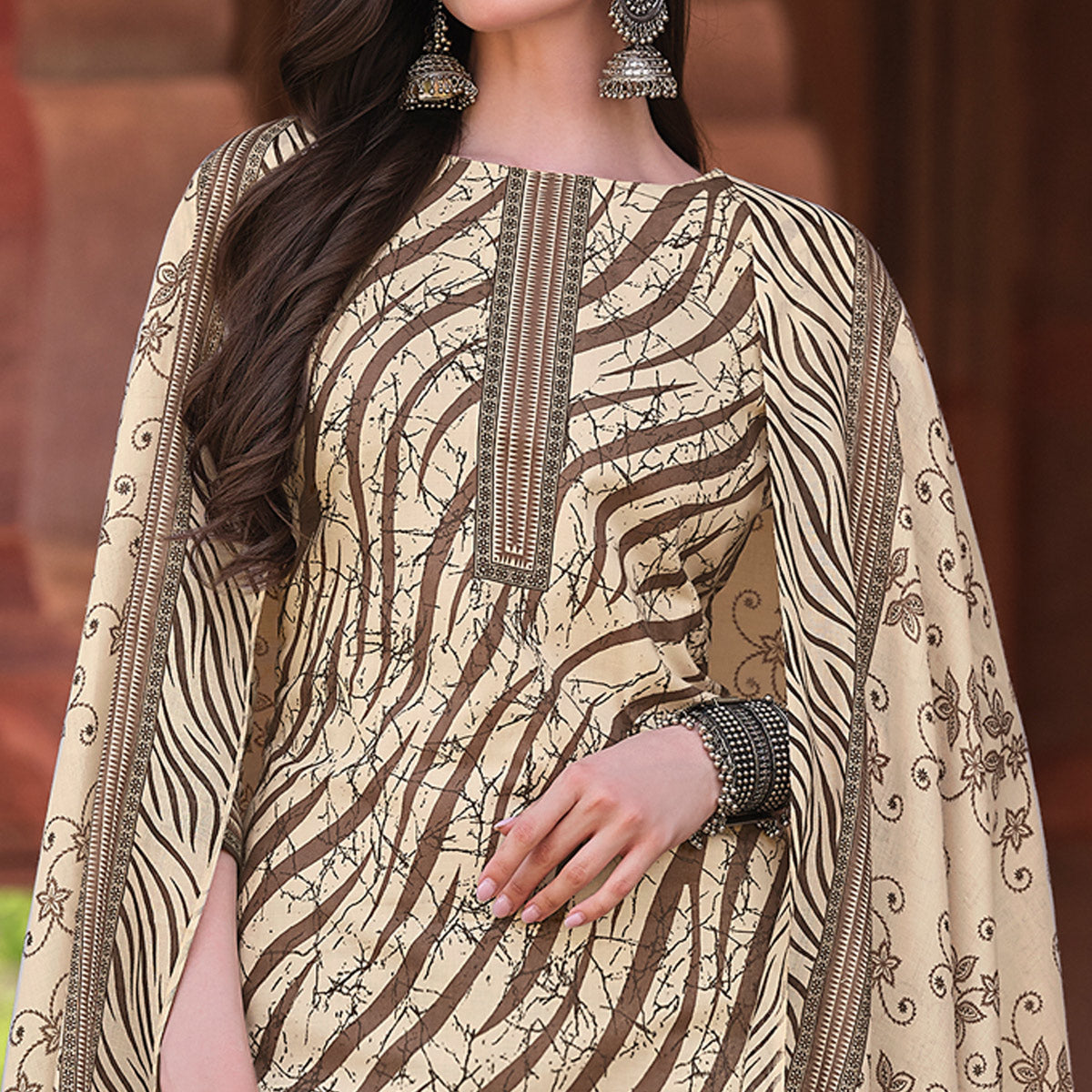 Brown Printed Pure Cotton Dress Material