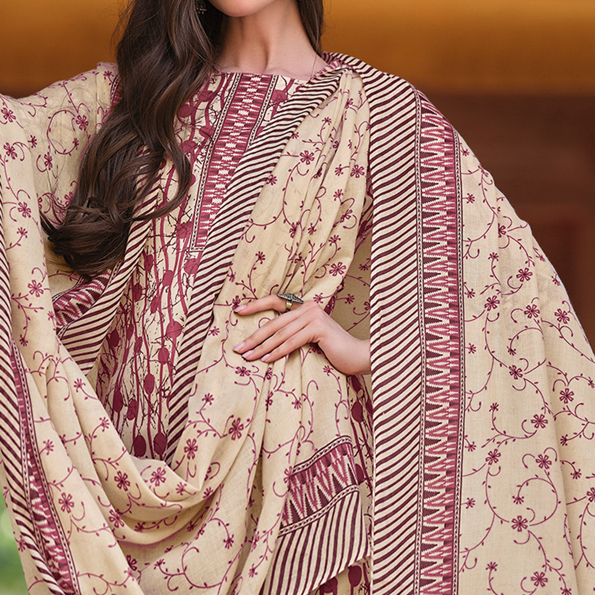 Dusty Pink Printed Pure Cotton Dress Material