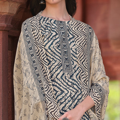 Grey Printed Pure Cotton Dress Material