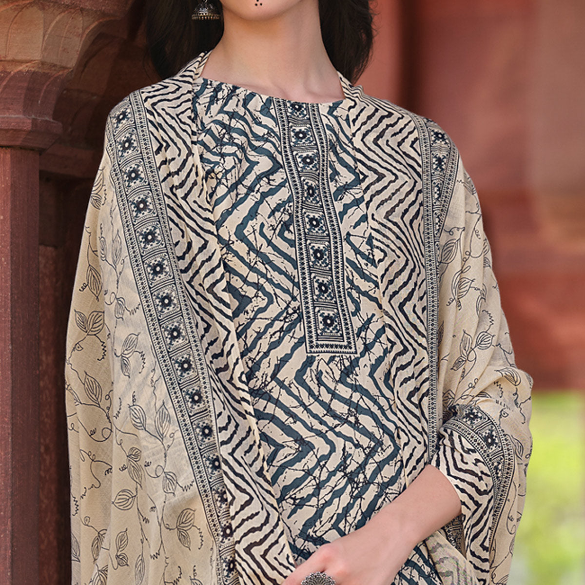 Grey Printed Pure Cotton Dress Material