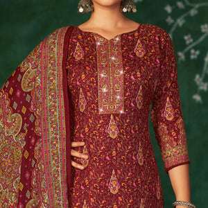 Maroon Floral Printed With Swarovski Work Pashmina Suit