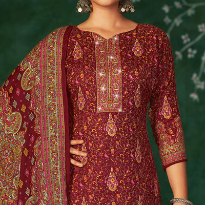 Maroon Floral Printed With Swarovski Work Pashmina Suit