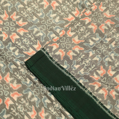 Cement Gray Tribal Flower Theme Sambalpuri Ikat Cotton Fabric